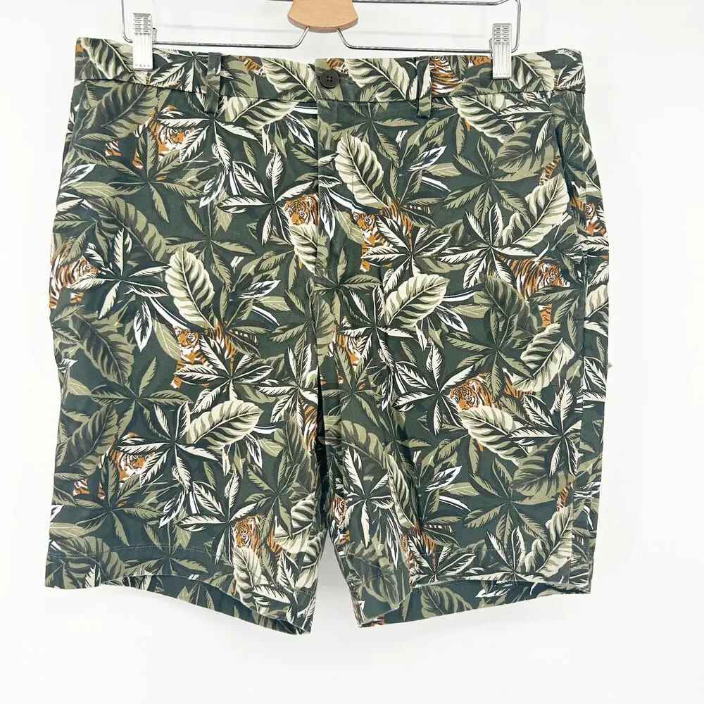 Banana‎ Republic Mens Casual Tropical Aiden Tiger Jungle Bermuda Chino Shorts 35